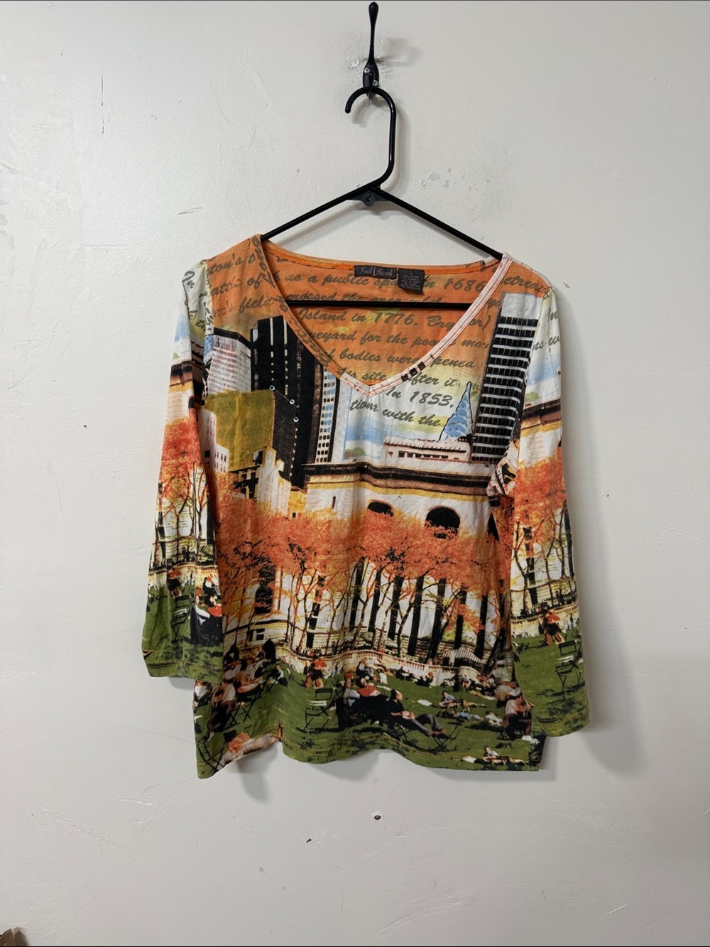 french pastry Women's Scenic Park Print V-Neck Top in Orange Green Cream Black